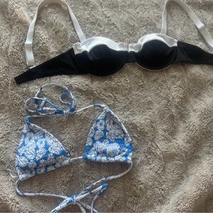 Black and White Swimsuit with Blue and White Bikini Top